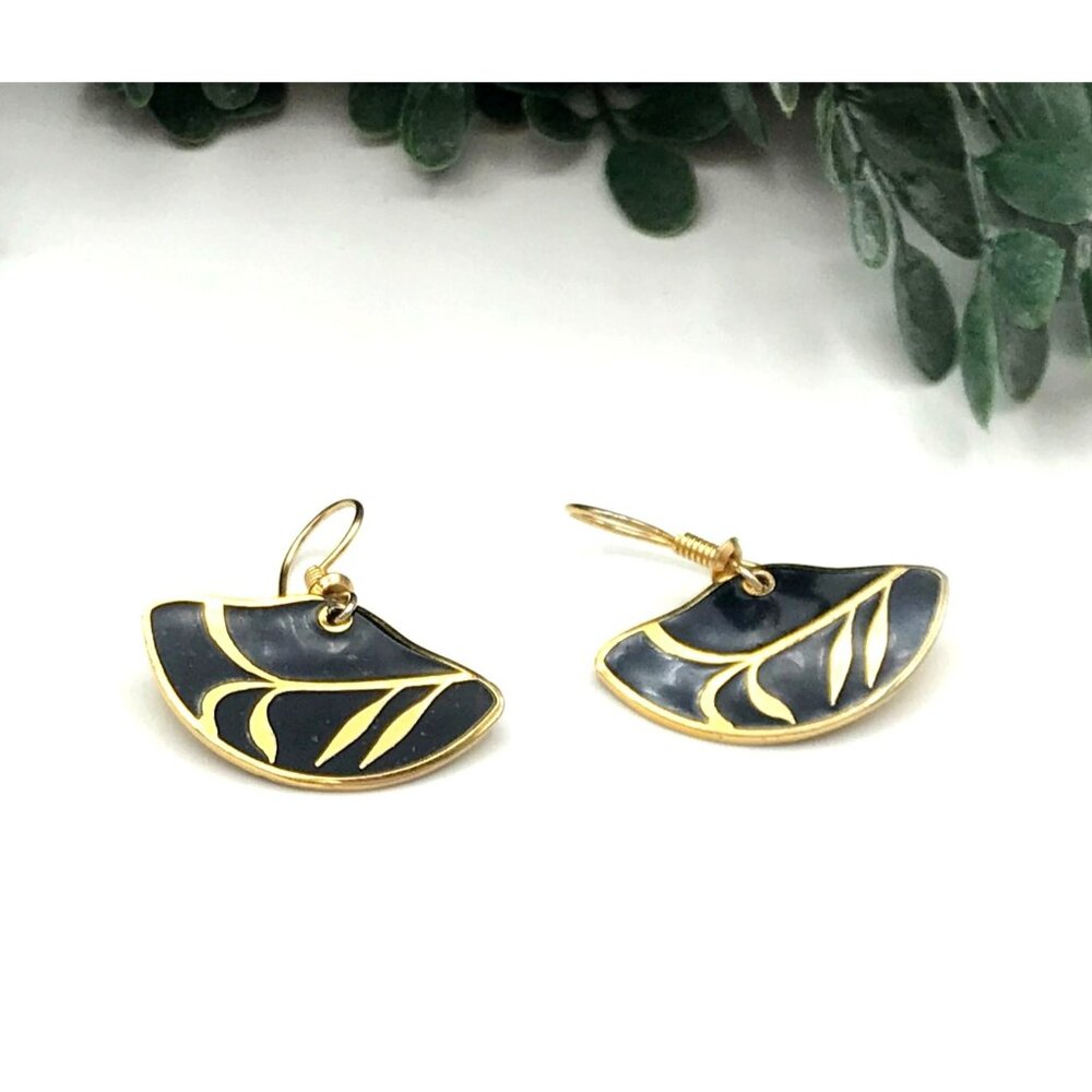 Vintage Gold & Black Enamel Roman Half-Moon Drop Earrings With Abstract Design